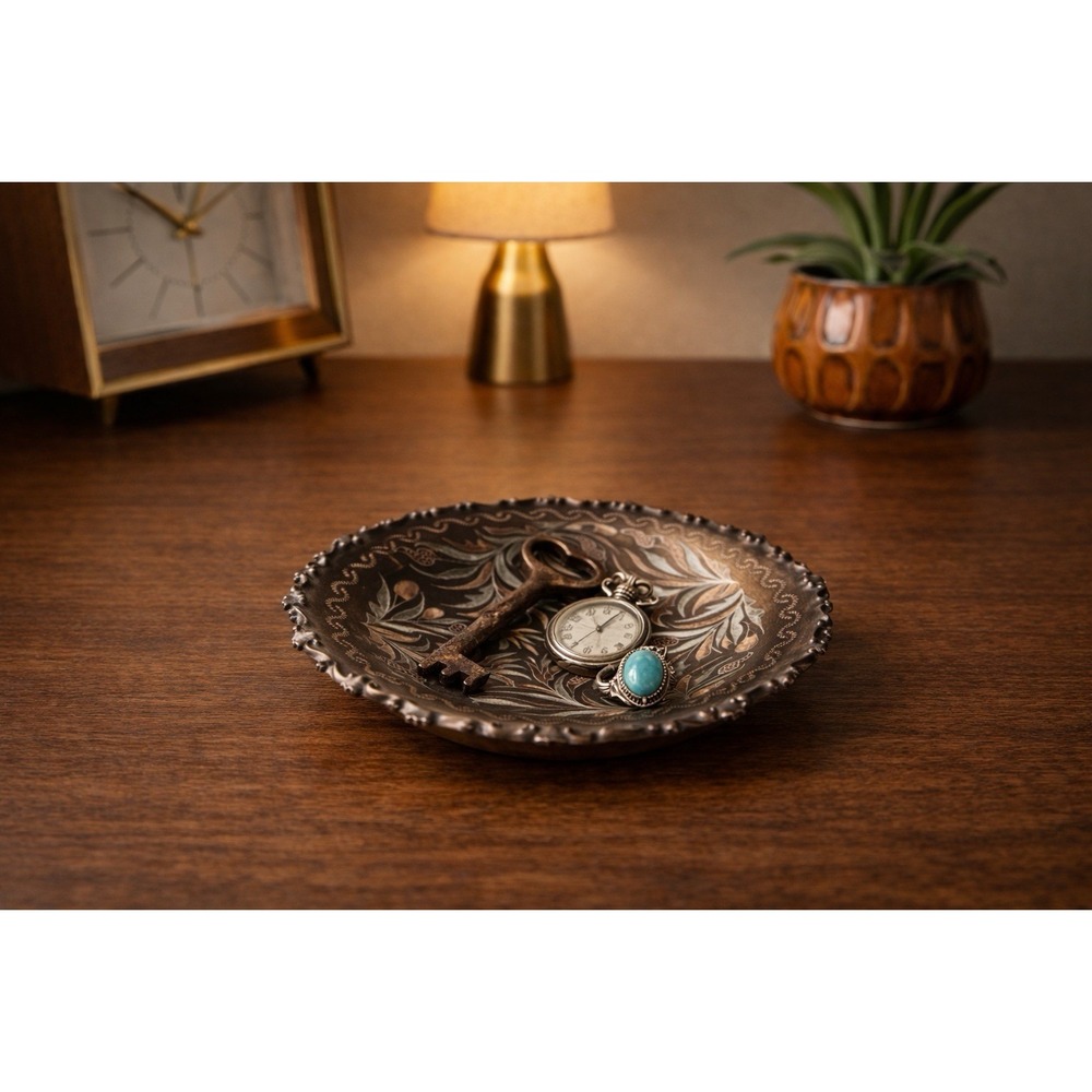 Vintage Copper Footed Bowl | Hand-Etched Boho Floral Dish | Artist Signed - Picture 2 of 13